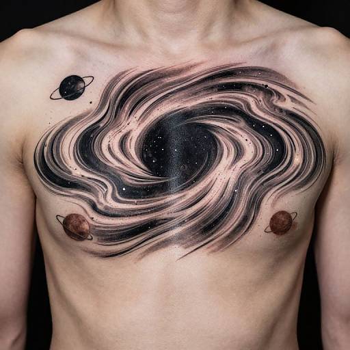 Tattoo of swirling black and white cosmic galaxy on a shirtless man's chest, featuring small black planets on both sides.