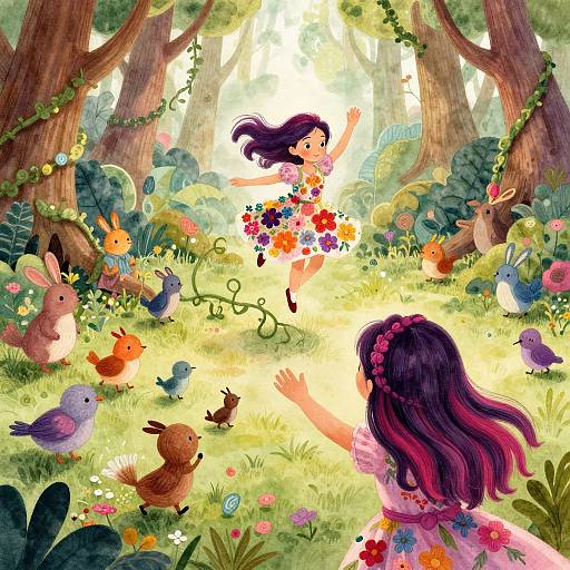 Digital illustration of two girls with long purple hair in flower dresses, joyfully running through a sunlit, enchanted forest with colorful animals and vibrant flowers.