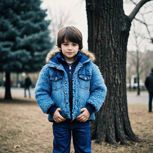 Realistic Boy in Blue Fur Suit Outdoors