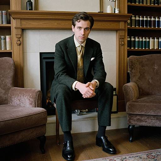 Man in Green Suit by Fireplace
