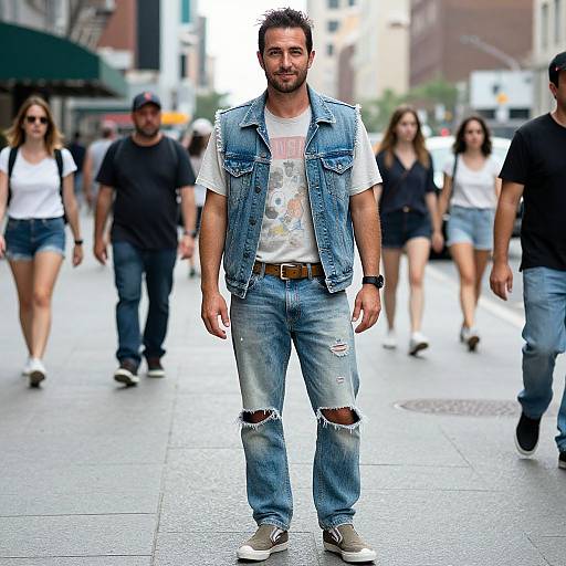 Man in Vintage Denim on Busy City Street