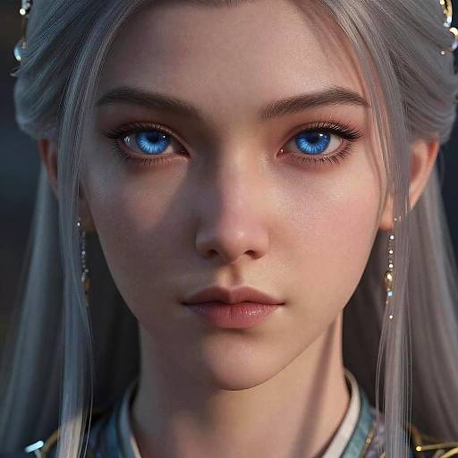Photorealistic CGI of a young woman with striking blue eyes, pale skin, silver hair, and delicate gold earrings, looking directly at the camera.