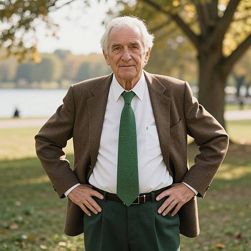 Photograph of an elderly white man with white hair, wearing a brown suit, white shirt, and green patterned tie, standing confidently with hands on