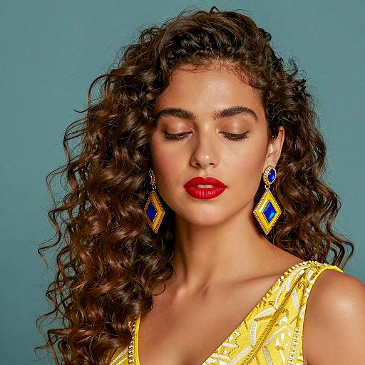 Elegant Woman with Curly Hair and Colorful Earrings