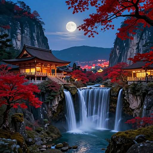 Photograph-style digital art of a serene Japanese landscape at night, featuring a full moon, cascading waterfall, red maple trees, traditional wooden buildings,