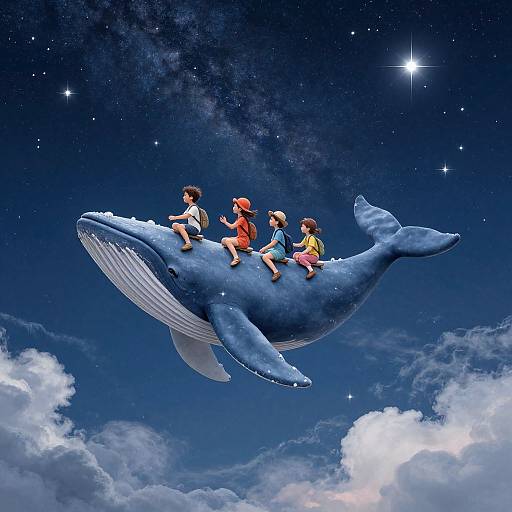 Digital art: Four children in colorful clothes sitting on a giant blue whale, flying through a starry, cloudy night sky.