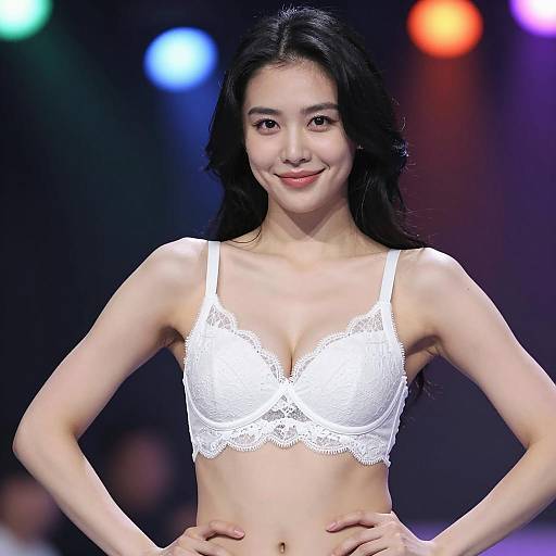 Asian Woman in White Lace Bra with Colorful Bokeh Background