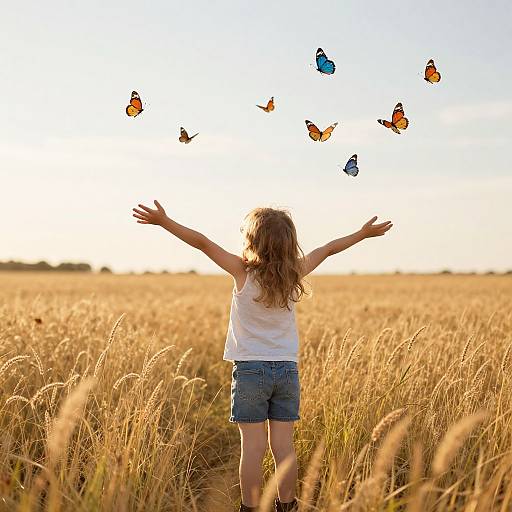 Photograph of a young girl with wavy brown hair, wearing a white tank top and denim shorts, standing in a golden wheat field, arms raised