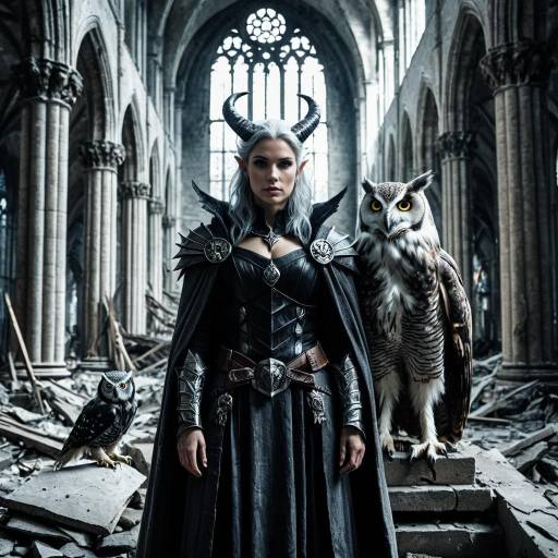 Horned Demon Woman and Humanoid Owls in Ruined Cathedral