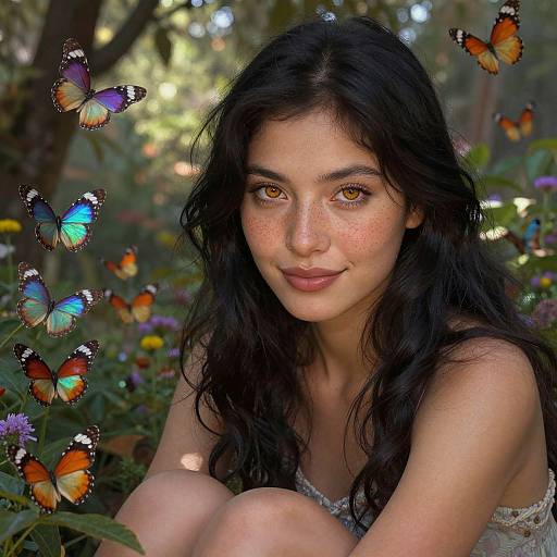 Photograph of a young woman with long black hair, freckled cheeks, and golden eyes, surrounded by colorful butterflies in a vibrant, sunlit