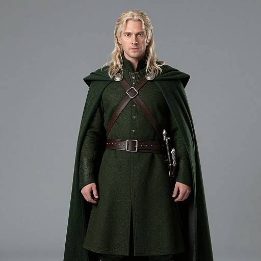 Photograph of a stern, blonde-haired man in medieval attire: black cloak, dark tunic, brown belt, silver brooch, and sword she