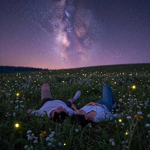 Photograph of a person lying in a starlit field at night, wearing a white tank top and blue jeans, surrounded by glowing fireflies, with