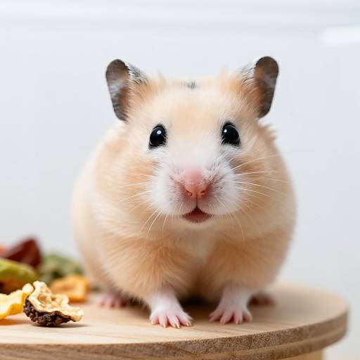 Photograph of a cute, fluffy, cream-colored hamster with black ears, pink nose, and tiny paws, standing on a wooden surface with