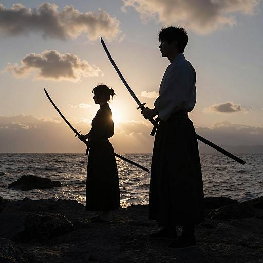 Dramatic Sunset Silhouette with Katanas