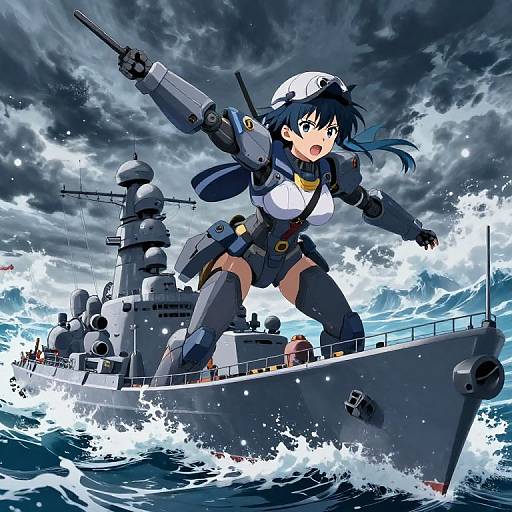 Anime-style digital illustration of a blue-haired, armored, anime girl with a white cap, wielding a gun, on a stormy ship in turbulent waters