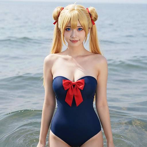 Blonde Woman in Blue One-Piece Swimsuit at the Beach