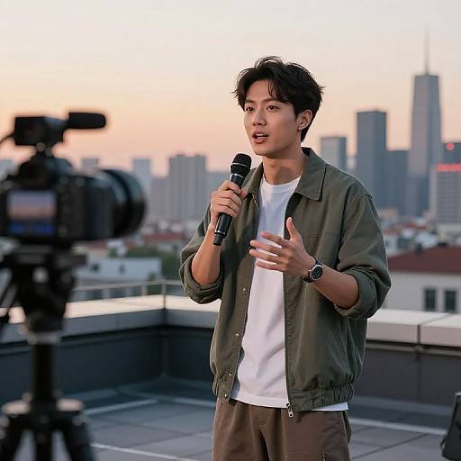 Photograph of an Asian man with short black hair, wearing a green jacket and white shirt, holding a microphone on a rooftop, with a city skyline