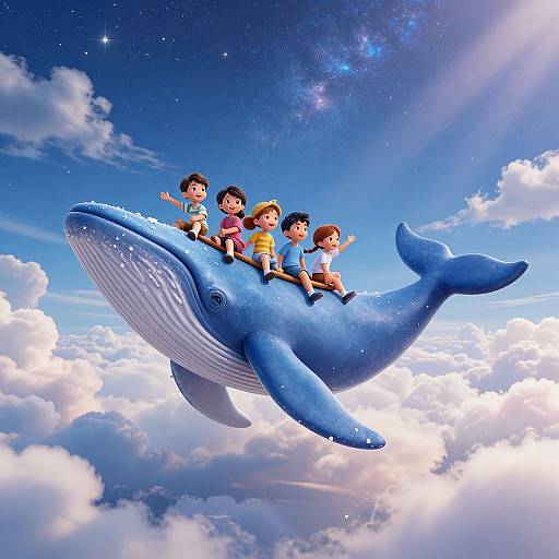 Digital illustration of five diverse children sitting on a blue, cartoon-style whale, flying above fluffy clouds with a starry sky.