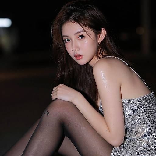 Photograph of an Asian woman with long dark hair, wearing a silver sequined dress and black sheer stockings, sitting against a dark background, gazing