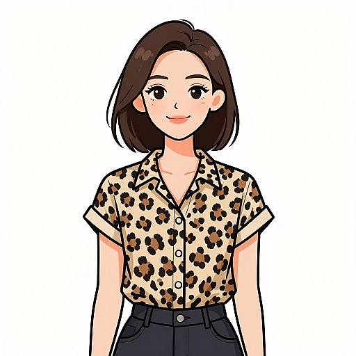 Smiling Woman in Leopard Print Shirt