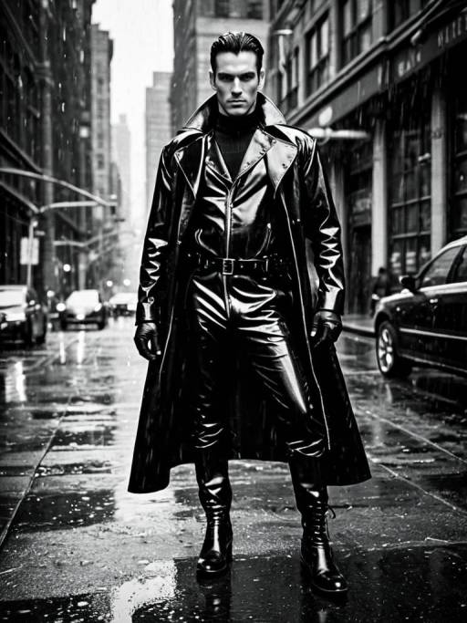 Man in Black Leather Trench Coat on Rainy City Street