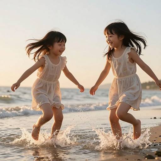 Cute Girls Playing at Sunset Beach