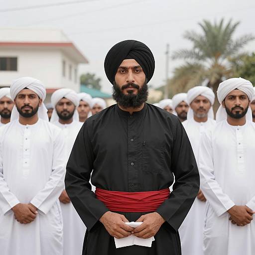 Man in Black Turban Standing with Group in White Robes
