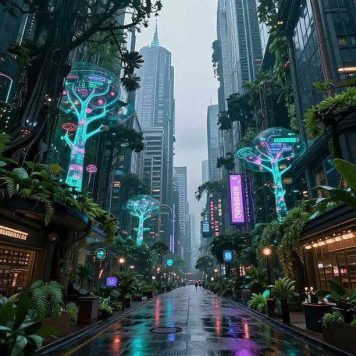 Photograph of a futuristic, neon-lit urban street at night, with wet, reflective pavement, glowing tree sculptures, and tall skyscrapers.