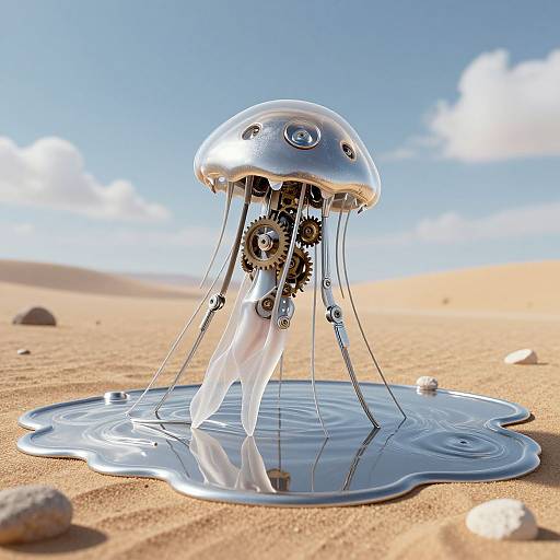 Photorealistic CGI of a metallic jellyfish with mechanical gears, standing in a reflective puddle on a sandy desert with scattered rocks and a bright blue