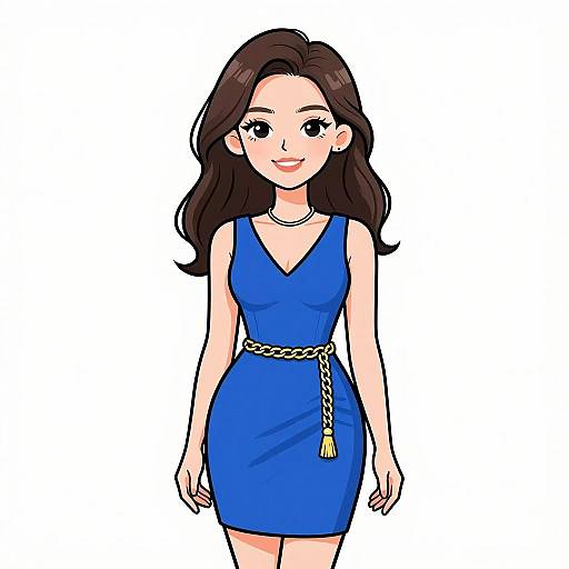Digital anime-style drawing of a smiling woman with long brown hair, wearing a blue sleeveless dress, gold chain belt, and necklace.