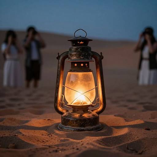 Photograph of a lit lantern in a desert at twilight, with blurred figures in the background taking photos, casting warm light on sandy terrain.