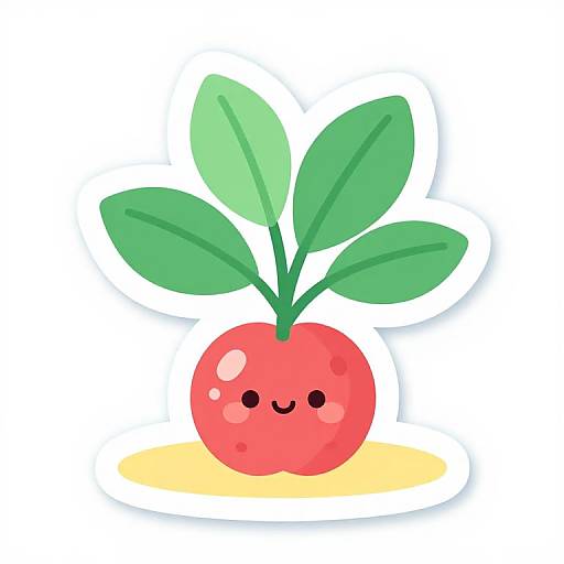Cute digital cartoon of a red cherry with green leaves, smiling face, and small white spots, sitting on a yellow circle.