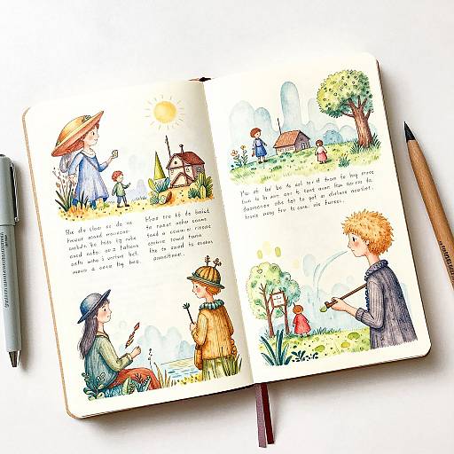 Whimsical watercolor illustration in an open sketchbook, featuring children in vintage clothing playing outdoors, accompanied by text and a pencil.