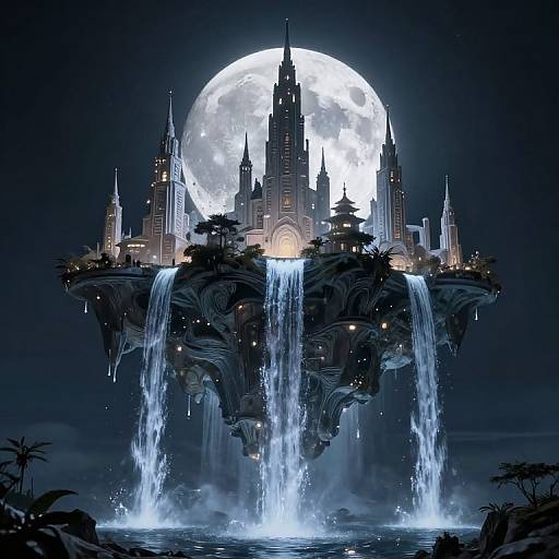 Fantastical digital artwork of a floating gothic castle with cascading waterfalls, illuminated by a full moon in a dark, mystical night sky.