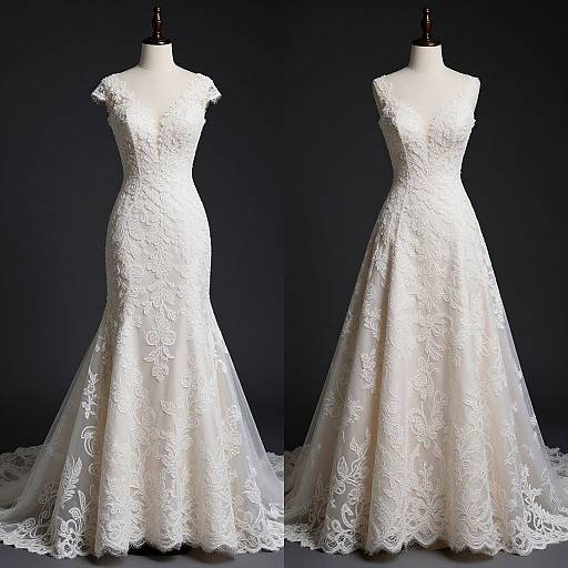 Photograph of a white lace wedding gown with floral patterns, short sleeves, and a flared skirt, displayed on a mannequin against a dark