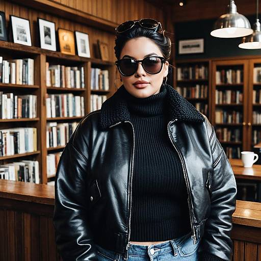Stylish Woman in Leather Jacket at Bookstore Cafe