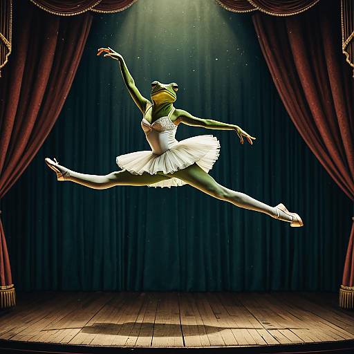 Frog Ballerina Leaping on Vintage Stage