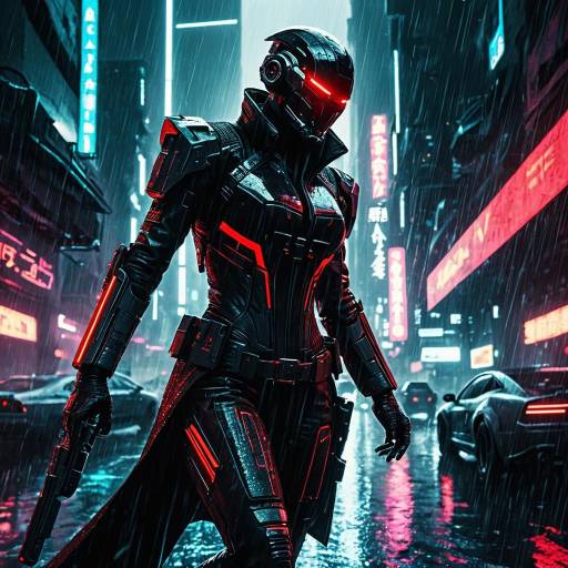 Cyberpunk Android Assassin in Rainy Futuristic City