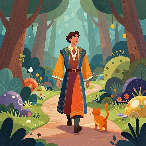 Illustration of a man in ornate, colorful medieval robe walking on forest path with orange cat, surrounded by vibrant mushrooms, flowers, and trees.