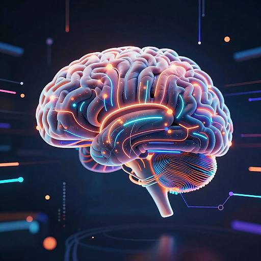 Digital CGI of a glowing, neon-lit human brain with vibrant blue, pink, and orange neon lines against a dark, futuristic background.