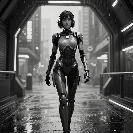 CGI image of a cybernetic woman with short black hair, wearing a shiny, black, form-fitting bodysuit, walking through a