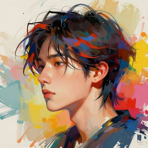 Digital anime-style portrait of a young man with tousled black hair, brown eyes, and fair skin, set against a vibrant, abstract background of yellow