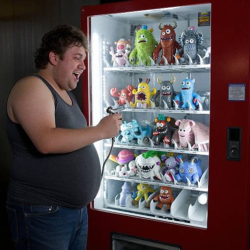 Obese Homeless Man Laughing at Monster Vending Machine