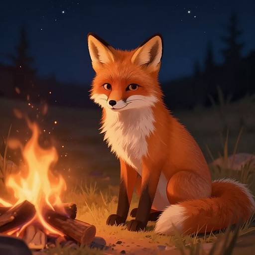 Digital illustration of a cute, orange-red fox with white fur on its chest and tail, sitting by a glowing campfire at night.