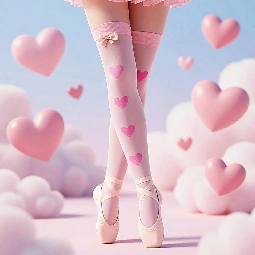 Photograph of a dancer's legs in pink heart-patterned stockings, pink ballet shoes, and a pink skirt, surrounded by floating pink hearts against a