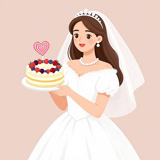 Digital illustration of a smiling bride in a white dress and veil, holding a frosted cake with berries and a pink heart, against a pink background.