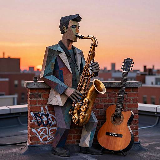 Cubist Urban Saxophonist at Sunset