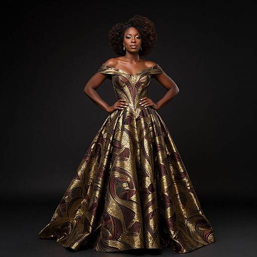 Photograph of a dark-skinned woman with curly hair in an off-the-shoulder, gold and black patterned, floor-length gown, standing