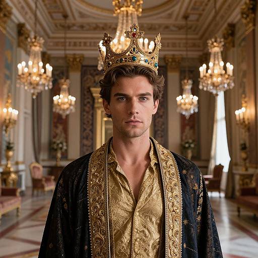 Photograph of a handsome man with wavy brown hair, wearing a golden crown and ornate black robe, standing in an opulent, chandelier