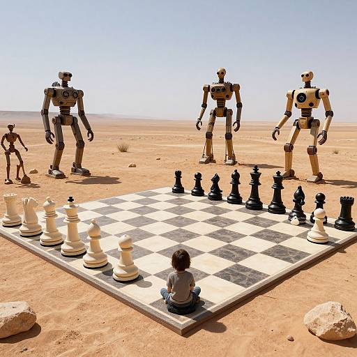 Surreal Desert Chessboard with Child
